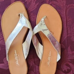 Saks Fifth Avenue Tan Silver Sandals with Shimmery Straps